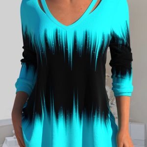 Casual Ombre V Neck Long Sleeve T-shirt, T-shirts, color:Blue|size:5XL, Noracora