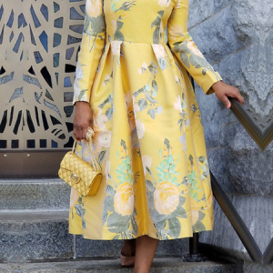 Elegant Regular Fit Crew Neck Long Sleeve Maxi Dress, Midi Dresses, color:Yellow|size:XXL, Stylewe