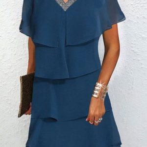 Plain Short Sleeve Glitter Flouncing V Neck Casual Tunic Dress, Formal Dresses, color:Blue|size:XXL, JustFashionNow