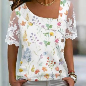 Lace Sleeve Casual Asymmetrical Floral Shirt, Shirts & Blouses, color:White|size:XXL, JustFashionNow
