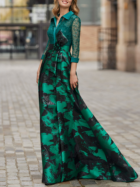 Elegant Shawl Collar Random Print Party Dress, Wedding Guest Dresses, color:Green|size:XXL, Stylewe