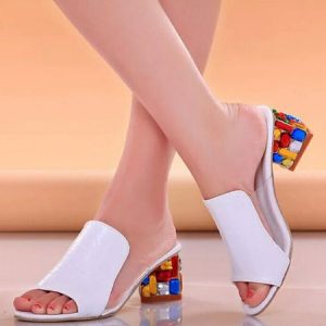 Croc Embossed Rhinestone Chunky Heel Slide Sandals, Pumps, color:White|size:43, Noracora