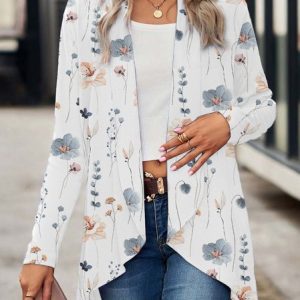 Floral Lapel Collar Casual Knitted Kimono, Cardigans, color:White|size:XXL, JustFashionNow