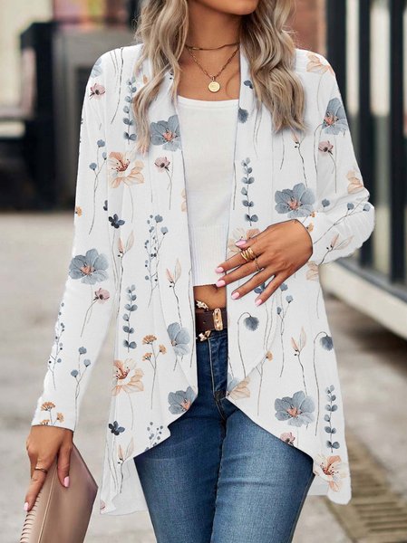 Floral Lapel Collar Casual Knitted Kimono, Cardigans, color:White|size:XXL, JustFashionNow