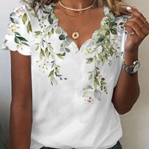 V Neck Loose Floral Casual T-Shirt, T-Shirts, color:White|size:XXL, JustFashionNow