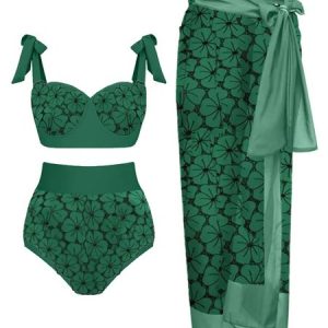 Elegant Scoop Neck Floral Printing Bikini With Cover Up, swimwear>>Bikini Sets, color:Green|size:XXL, JustFashionNow