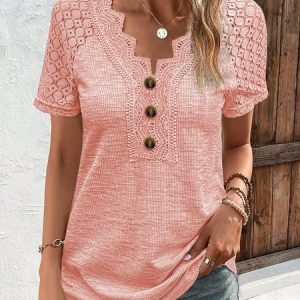 V Neck Casual Regular Fit Plain T-Shirt, T-shirts, color:Pink|size:XXL, Noracora