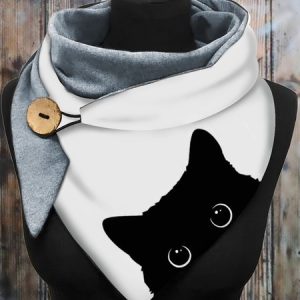 Casual Black Cat Pattern Triangle Scarf Daily Commuter Clothing Matching, Accessories, color:White|size:One-size, JustFashionNow