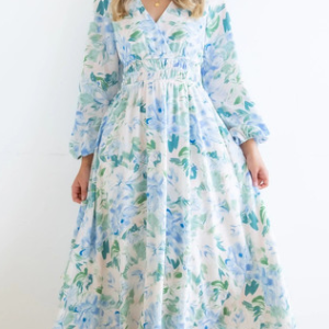 Elegant Regular Sleeve Floral V Neck Dress, Dresses, color:Light Blue|size:XL, JustFashionNow