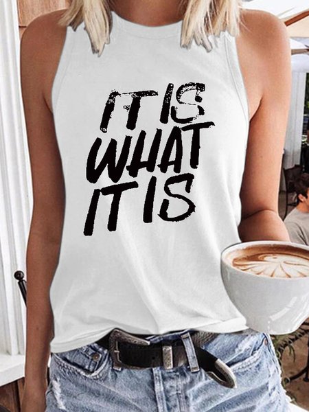 Women's It Is What It Is Print Crew Neck Casual Tank Top, Tank Tops, Lilicloth.com