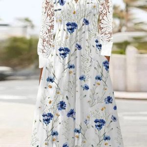 Floral Buttoned Elegant Dress, Dresses, color:Blue|size:XXL, JustFashionNow
