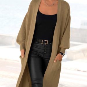 Casual Long Sleeve Outwear Cardigan, Cardigans, color:Khaki|size:XXL, Noracora