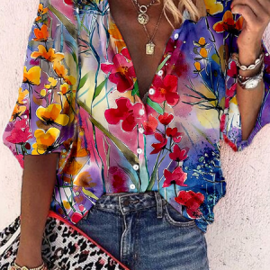 Plus Size Loose Shirt Collar Floral Casual Blouse, TOPS, color:Red-Blue|size:4X, Noracora