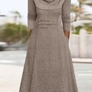 Plain Buckle Pocket Stitching Casual Maxi Dress, Dresses, color:Khaki|size:XXL, JustFashionNow