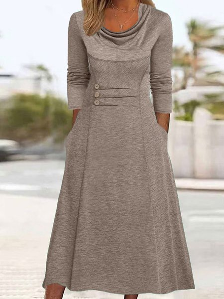 Plain Buckle Pocket Stitching Casual Maxi Dress, Dresses, color:Khaki|size:XXL, JustFashionNow