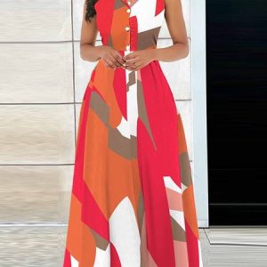 Elegant Geometric  Print Lapel Collar Shirt Dress, Maxi Dresses, color:Orange|size:XXL, Stylewe