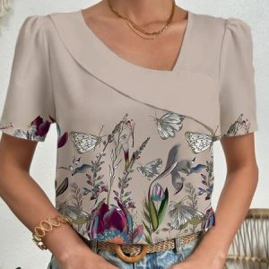 Casual Asymmetrical Loose Floral Shirt, Shirts & Blouses, color:Dusty Pink|size:XXL, JustFashionNow