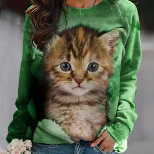 Funny And Cute Cat Round Neck Loose Sweater, Sweatshirts & Hoodies, color:Green|size:XXL, JustFashionNow