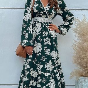 Women Floral V Neck Long Sleeve Comfy Vintage Maxi Dress, Maxi, color:darkgreen|size:XL, Noracora