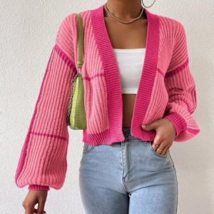 Women Wool/Knitting Color Block Long Sleeve Comfy Urban Cardigan, Cardigans, color:Peach|size:L, Noracora