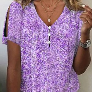 V Neck Floral Buttoned Elegant T-Shirt, T-Shirts, color:lavender|size:XXL, JustFashionNow