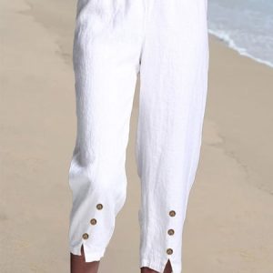 women's linen casual cropped pants, Pants, color:White|size:XXL, JustFashionNow