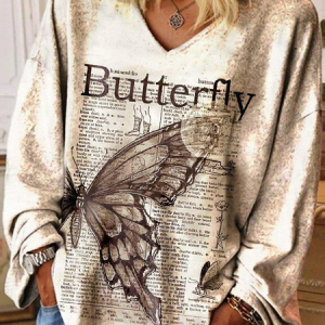 Casual Vintage Newspapers Butterfly Printed Women's T-shirt, T-Shirts, color:Khaki|size:XXL, JustFashionNow
