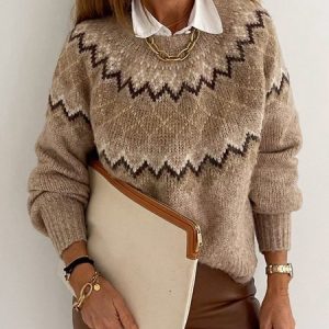 Women Wool/Knitting Ethnic Long Sleeve Comfy Casual Sweater, Sweaters, color:Khaki|size:XXL, Noracora