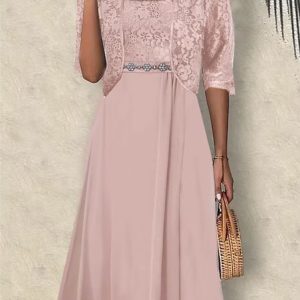 Women's Lace Plain Party Going Out Two Piece Set Half Sleeve Elegant Summer Coat With Skirt Matching Set, JustFashionNow Formal Dresses, color:Pink|size:XXL,