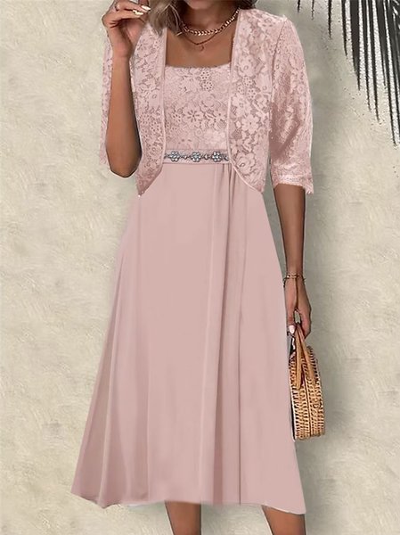 Women's Lace Plain Party Going Out Two Piece Set Half Sleeve Elegant Summer Coat With Skirt Matching Set, JustFashionNow Formal Dresses, color:Pink|size:XXL,