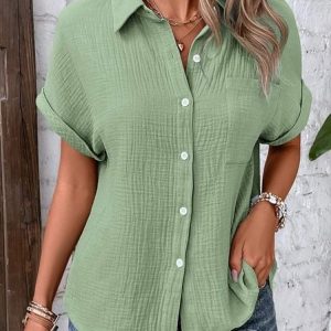 Casual Plain Shirt Collar Blouse, Blouses & Shirts, Roselinlin - Online Catalog