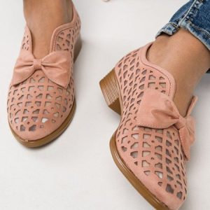 JFN  Women's Elegant Bowknot Hollow Out Chunky Heel Loafers, Flats, color:Pink|size:US 11, JustFashionNow