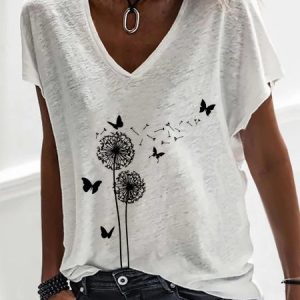 Dandelion Short Sleeve V Neck Casual T-Shirt, T-shirts, color:White|size:XS, Noracora