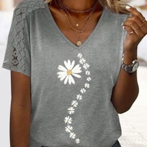 Crew Neck Casual Daisy Loose T-Shirt, JustFashionNow T-Shirts, color:Gray|size:XXL,