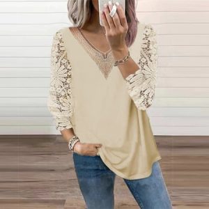 V Neck Long Sleeve Plain Regular Micro-Elasticity Loose Shirt For Women, Blouses, color:Off White|size:3XL, Noracora