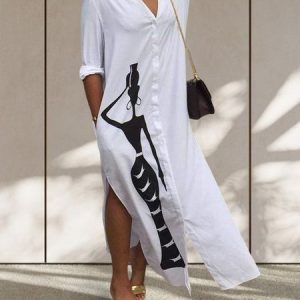 Loose Figure Shirt Collar Casual Dress, Midi Dresses, color:White|size:XS, Stylewe