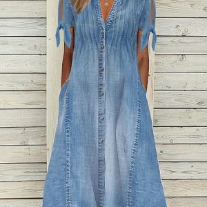 Plain V Neck Casual Denim Dress, Denim Dresses, color:Blue|size:XXL, JustFashionNow