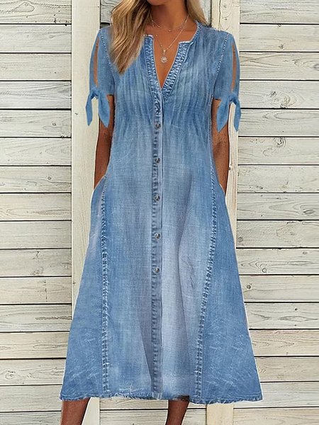 Plain V Neck Casual Denim Dress, Denim Dresses, color:Blue|size:XXL, JustFashionNow