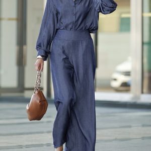 Urban Shirt Collar Plain Loose Two-Piece Set, Two-piece Set, color:Blue|size:XXL, Stylewe