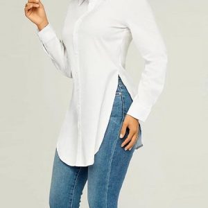 Urban Plain Regular Fit Shirt Collar Long Sleeve Blouse, Blouses and Shirts, color:White|size:XXL, Stylewe