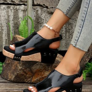 Vintage Cow Pattern Printed Peep Toe Wedge Sandals, Sandals, color:Black|size:43, Noracora