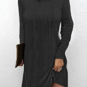 Women Plain Hoodie Long Sleeve Comfy Casual Short Dress, Dresses, color:Black|size:XXL, Noracora