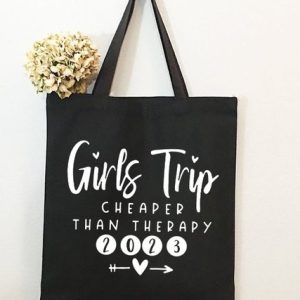 Girls Trip Cheaper Than Therapy Family Text Letter Shopping Tote Bag, color:Black|size:One-size, Lilicloth.com