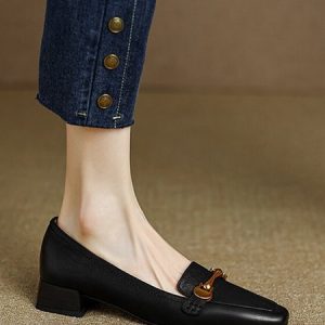 Classic Fit Faux Leather Metal Buckle Loafers, Loafers, color:Black|size:39, Stylewe