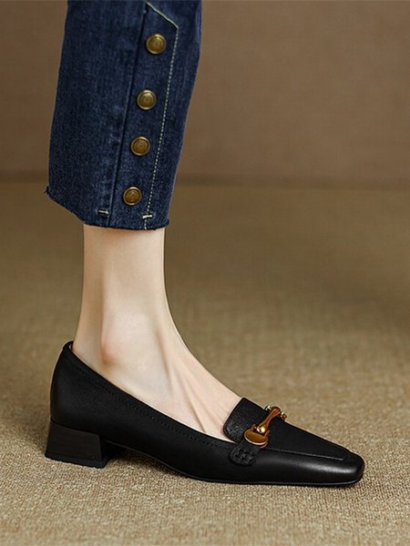 Classic Fit Faux Leather Metal Buckle Loafers, Loafers, color:Black|size:39, Stylewe
