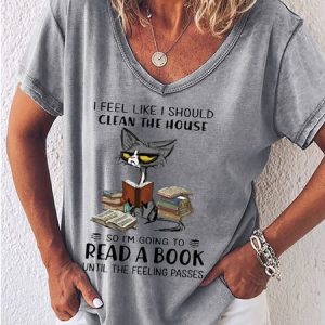 Women's Reading Lover Cat Print Crew Neck Casual T-Shirt, T-shirts, Lilicloth.com