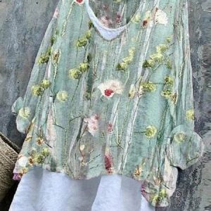 Floral Linen Loose V Neck Shirt, Shirts & Blouses, color:Green|size:XXL, JustFashionNow