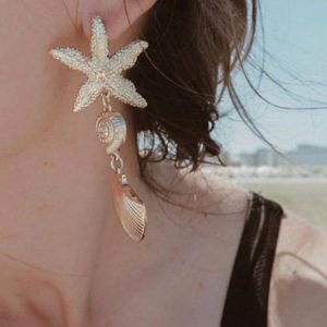 Golden Starfish Shell Dangle Earrings, Earrings, color:Golden|size:One-size, JustFashionNow