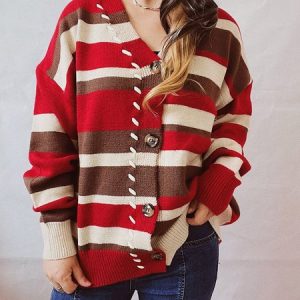 Casual Striped Regular Fit Cardigan, Sweaters, color:Red|size:XL, JustFashionNow