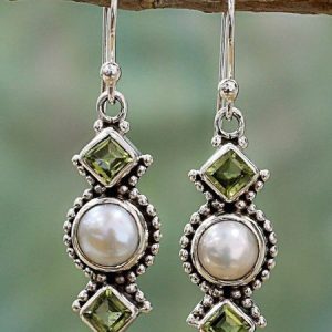 Imitation Pearl Green Geometric Rhinestone Vintage Dangle Earrings, Earrings, color:As Picture|size:One-size, JustFashionNow